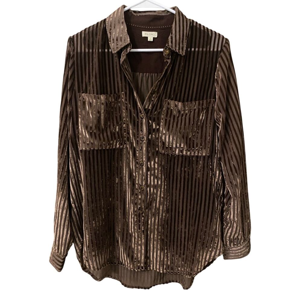 Pilcro Anthropologie Sheer Velvet Burnout Blouse Small Brown Button Up Shirt - Picture 6 of 13